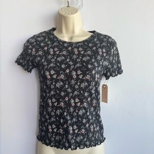 SO Floral Smocked Baby Tee Stretch Top Dark Gray Pink Flowers